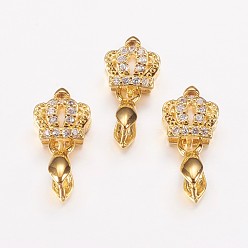 Real 18K Gold Plated Long-Lasting Plated Brass Micro Pave Cubic Zirconia Ice Pick Pinch Bails, Crown, Real 24K Gold Plated, 16mm, Hole: 2x4mm, Pin: 0.6mm