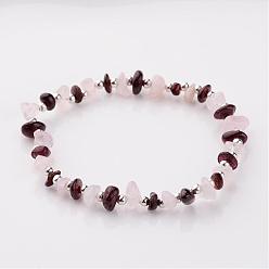 Dark Red Gemstone Stretch Bracelets, with Iron Findings, Silver Color Plated Natural Garnet and Rose Quartz Beads, Dark Red and Pink, 55mm