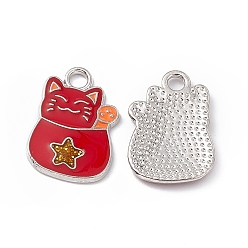 FireBrick Alloy Enamel Pendants, Cat with Star Charm, Platinum, FireBrick, 18.5x12.5x1.5mm, Hole: 2mm