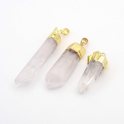 Quartz Crystal Natural Quartz Crystal Pointed Pendants, Rock Crystal, with Golden Plated Brass Finding, Faceted Bullet, 43~69x6~21x12~16mm, Hole: 5x8mm