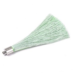 Vert Clair Grosses décorations de pendentif en pompon en fibre, avec accessoire de platine en laiton , vert clair, 70~73x7~25mm, Trou: 1.8mm