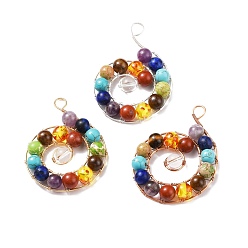 Mixed Color Natural & Synthetic Mixed Gemstone Big Pendants, with Resin Imitation Amber Beads and Copper Wire Wrapped, Vortex, Mixed Color, 57~60x42.5~44.5x9mm, Hole: 5~6mm