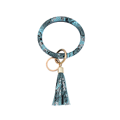 Turquoise Pâle Porte-clés bracelet en similicuir pu motif peau de serpent, porte-clés bracelet avec pompon et anneau en alliage, turquoise pale, 200x100mm