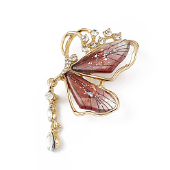Rouge Indien Broche papillon en résine avec strass en cristal, insigne en alliage d'or clair pour femme, rouge indien, 68.5x38.5x13mm, pin: 0.8 mm