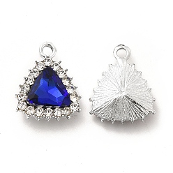 Azul Colgantes de cristal de aleación, colgante de triángulo de diamantes de imitación de cristal, Platino, azul, 18.5x15.5x5.5 mm, agujero: 2.2 mm
