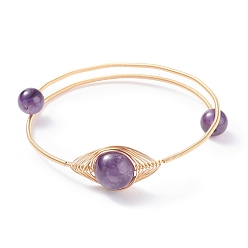 Amethyst Natural Amethyst Round Beaded Bangle, Adjustable Copper Wire Torque Bangle for Women, Golden, Inner Diameter: 2 inch(5.2cm)