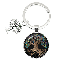 Chameau Porte-clés en verre, plat rond avec breloques arbre de vie, 6.2 cm