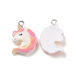 Pearl Pink Opaque Resin Pendants, with Glitter Powder and Platinum Tone Iron Loops, Unicorn Charm, Pearl Pink, 22.5x15.5x6mm, Hole: 2mm