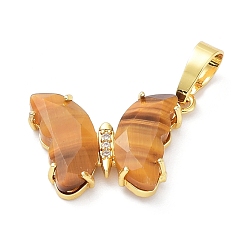 Tiger Eye Natural Tiger Eye Pendants, with Rack Plating Golden Plated Brass Findings, Cadmium Free & Lead Free, Faceted Butterfly Charms, 17x22.5x4mm, Hole: 8x5mm