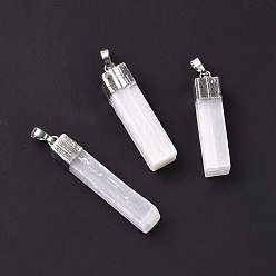 Platinum Natural Selenite Pendants, Cuboid Charms, with Rack Plating Brass Findings, Platinum, 37~48x10~13x7~10mm, Hole: 8x5mm