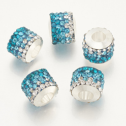 Zircon Bleu Argile polymère strass perles européennes, Perles avec un grand trou   , avec des noyaux uniques en laiton de tonalité de platine, colonne, zircon bleu, 10x11~12mm, Trou: 4.5mm