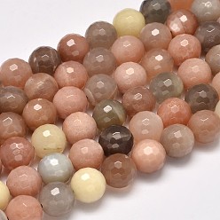 Multi-Moonstone Grade AA Natural Multi-Moonstone Faceted Round Beads Strands, 12mm, Hole: 1mm, about 32pcs/strand, 15.5 inch