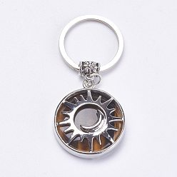 Œil De Tigre Porte-clés oeil de tigre naturel, avec accessoires en laiton, plat rond avec le soleil et la lune, 64mm