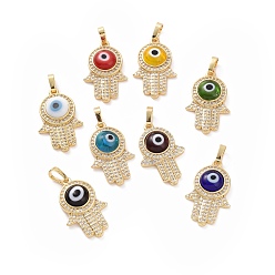 Mixed Color Brass Micro Pave Cubic Zirconia Pendants, with Handmade Evil Eye Lampwork, Hamsa Hand Charm, Real 18K Gold Plated, Mixed Color, 25x16x5mm, Hole: 4x6.5mm