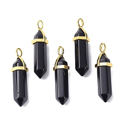Obsidian Natural Obsidian Pointed Pendants, with Random Brass Pendant Hexagon Bead Cap Bails, Golden, Bullet, 38.5~40x12~12.5x10~11mm, Hole: 3x4.5mm