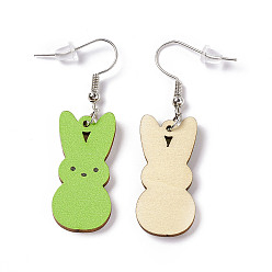 Lawn Green Rabbit Wooden Dangle Earrings, Platinum Tone Iron Earring with Ear Nut for Women, Lawn Green, 52mm, Pin: 0.7mm, Pendant: 31x14.5x2.7mm