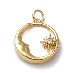 Real 18K Gold Plated Brass Micro Pave Clear Cubic Zirconia Pendants, with Shell & Jump Ring, Long-Lasting Plated, Flat Round with Moon & Sun, Real 18K Gold Plated, 17.5x16x3.5mm, Jump Ring: 5x1mm, 3mm Inner Diameter