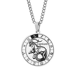 Capricorn Unisex 201 Stainless Steel Constellation Pendant Necklaces, with Curb Chains, Laser Engraved Pattern, Flat Round, Capricorn, 13.19 inch(335mm) 