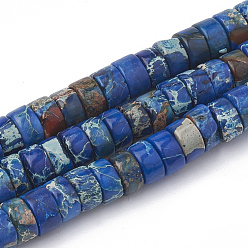 Bleu Brins de perles de jaspe impérial synthétiques, perles heishi, Plat rond / disque, bleu, 6~6.5x3~3.5mm, Trou: 1mm, Environ 113 pcs/chapelet, 15.5 pouce
