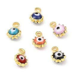 Mixed Color Brass Enamel Charms, Real 18K Gold Plated, Long-Lasting Plated, Lead Free & Cadmium Free, Sun with Evil Eye Charm, Mixed Color, 7x4x2.5mm, Hole: 1mm