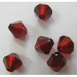 Rojo Oscuro Bicone facetas granos de acrílico transparentes, teñido, de color rojo oscuro, 4 mm, Agujero: 1 mm, sobre 13000 unidades / 500 g