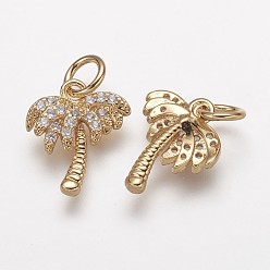 Real 18K Gold Plated Brass Micro Pave Grade AAA Cubic Zirconia Charms, Lead Free & Nickel Free & Cadmium Free, Coconut Tree, Real 18K Gold Plated, 12.5x11x3mm, Hole: 3mm