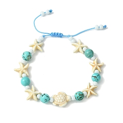 Synthetic Turquoise Turtle & Starfish & Round Synthetic Green Turquoise Braided Beaded Bracelets, Adjustable Bracelet for Girl Women, 2-1/8~3-1/8 inch(5.3~8cm)