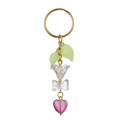 Old Rose Bowknot & Heart Glass Pendant Decorations, with Acrylic Leaf/Flower Charm amd Iron Split Key Rings, Old Rose, 8.8cm