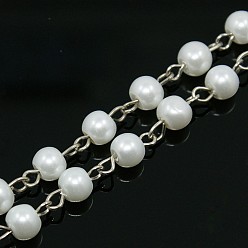 White Handmade Glass Pearl Beaded Chains for Necklaces/Bracelets Making, with Iron Eye Pin, Unwelded, White, 39.3 inch, about 77pcs/strand