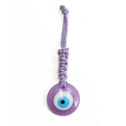 Medium Purple Flat Round with Evil Eye Resin Pendant Decorations, Cotton Cord Braided Hanging Ornament, Medium Purple, 109mm