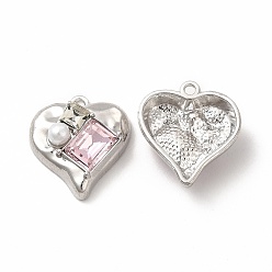 Perlas de Color Rosa Aleación de chapado en rack con corazón de vidrio con colgantes rectangulares, con perlas de imitación de plástico abs, Platino, sin cadmio y níque y plomo, rosa perla, 20x18.5x7 mm, agujero: 1.6 mm