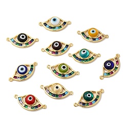 Mixed Color Evil Eye Lampwork Connector Charms, with Real 18K Gold Plated Brass Pave Colorful Cubic Zirconia Findings, Cadmium Free & Lead Free, Mixed Color, 27.5x13x4.7mm, Hole: 1mm