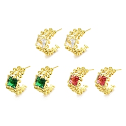 Mixed Color Glass Square Stud Earrings, Rack Plating Real 18K Gold Plated Brass Split Earrings, Long-Lasting Plated, Lead Free & Cadmium Free, Mixed Color, 20x10mm