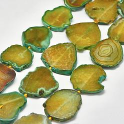 Olive Natural Agate Beads Strands, Flat Slab Beads, Agate Slices, Nuggets, Dyed & Heated, Olive, 40~50x30~49x5~7mm, Hole: 2~3mm, about 8~9pcs/strand, 14.9 inch(39cm)