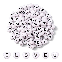 Blanc Perles en émail acrylique opaque, trou horizontal, coeur avec des lettres noires mélangées, blanc, 7x7x4mm, Trou: 1.5mm