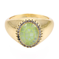 Светло-зеленый Овальное кольцо из натуральной раковины морского ушка/пауа с прозрачным кубическим цирконием, толстое кольцо из настоящей позолоченной латуни 18k для женщин, без никеля , светло-зеленый, размер США 7 1/4 (17.5 мм)