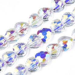 Clear AB Electroplate Transparent Glass Beads Strands, AB Color Plated, Faceted, Heart, Clear AB, 9.5x9.5x5mm, Hole: 1mm, about 70pcs/strand, 24.61 inch(62.5cm)