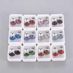 Stainless Steel Color 304 Stainless Steel Earlobe Plugs, Screw Back Earrings, with Synthetic Gemstone and Cat Eye, Half Round, Mixed Color, Stainless Steel Color, 10mm, Pin: 1mm, 12pairs/card