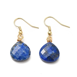 Lapis Lazuli Boucles d'oreilles pendantes en forme de goutte de lapis-lazuli naturel teint, bijoux en laiton doré pour femme, 36~37.5mm, pin: 0.6 mm
