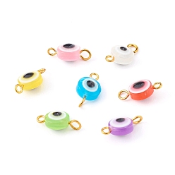 Mixed Color Resin Beads Link Connectors, with Golden Brass Eye Pin, Flat Round with Evil Eye, Mixed Color, 14.5x8x6.5mm, Hole: 1.5mm