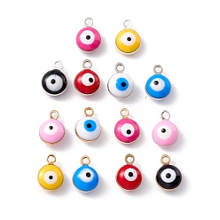 Mixed Color Brass Charms, with Double-sided Enamel, Long-Lasting Plated, Real 18K Gold/925 Sterling Silver Plated, Flat Round with Evil Eye Charms, Mixed Color, 9x6.5x4mm, Hole: 1.2mm