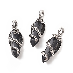 Obsidian Natural Obsidian Pointed Pendants, Faceted Bullet Charms with Antique Silver Tone Alloy Dragon Wrapped, 47.5x19x18.5mm, Hole: 7.5x6mm