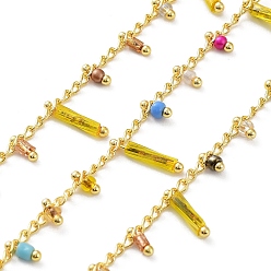Colorful Real 18K Gold Plated Brass Curb Chains, with Glass Rondelle & Column Charms, Soldered, with Spool, Colorful, 3x1.8x0.3mm, about 32.81 Feet(10m)/Roll
