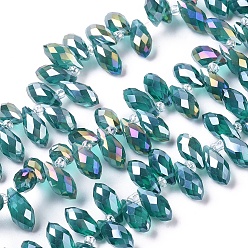 Bleu Vert Verre de galvanoplastie perles de larme à facettes brins, perles percées, de couleur plaquée ab , sarcelle, 11.5~13x6mm, Trou: 1mm, Environ 92~95 pcs/chapelet, 16.5 pouce