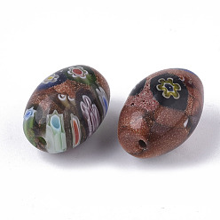 Sienna Handmade Gold Sand Lampwork Beads Strands, with Millefiori Glass, Oval, Sienna, 15.5~16.5x11~12mm, Hole: 1.2mm