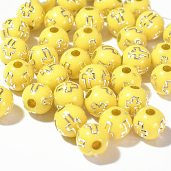 Yellow Plating Acrylic Beads, Round with Cross, Yellow, 8mm, 1800pcs/bag
