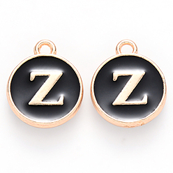 Letter Z Golden Plated Alloy Charms, with Enamel, Enamelled Sequins, Flat Round, Black, Letter.Z, 14x12x2mm, Hole: 1.5mm, 50pcs/Box