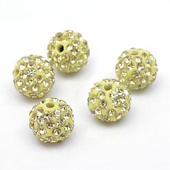 Jonquille Argile polymère perles pave strass, perles de boule de disco, jonquille, pp 13 (1.9~2 mm), 6 rangées de strass, 10 mm, Trou: 1.5mm