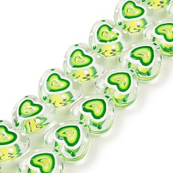 Green Handmade Lampwork Beads Strands, Heart, Green, 12x12x6mm, Hole: 0.7mm, about 30pcs/strand, 13.39''(34cm)