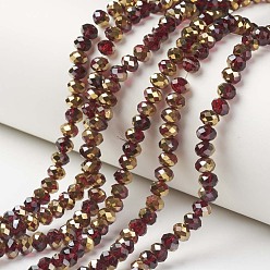 Rouge Foncé Plaquent verre transparent perles brins, la moitié plaqué or, facette, rondelle, rouge foncé, 3x2mm, Trou: 0.8mm, Environ 150~155 pcs/chapelet, 15~16 pouce (38~40 cm)